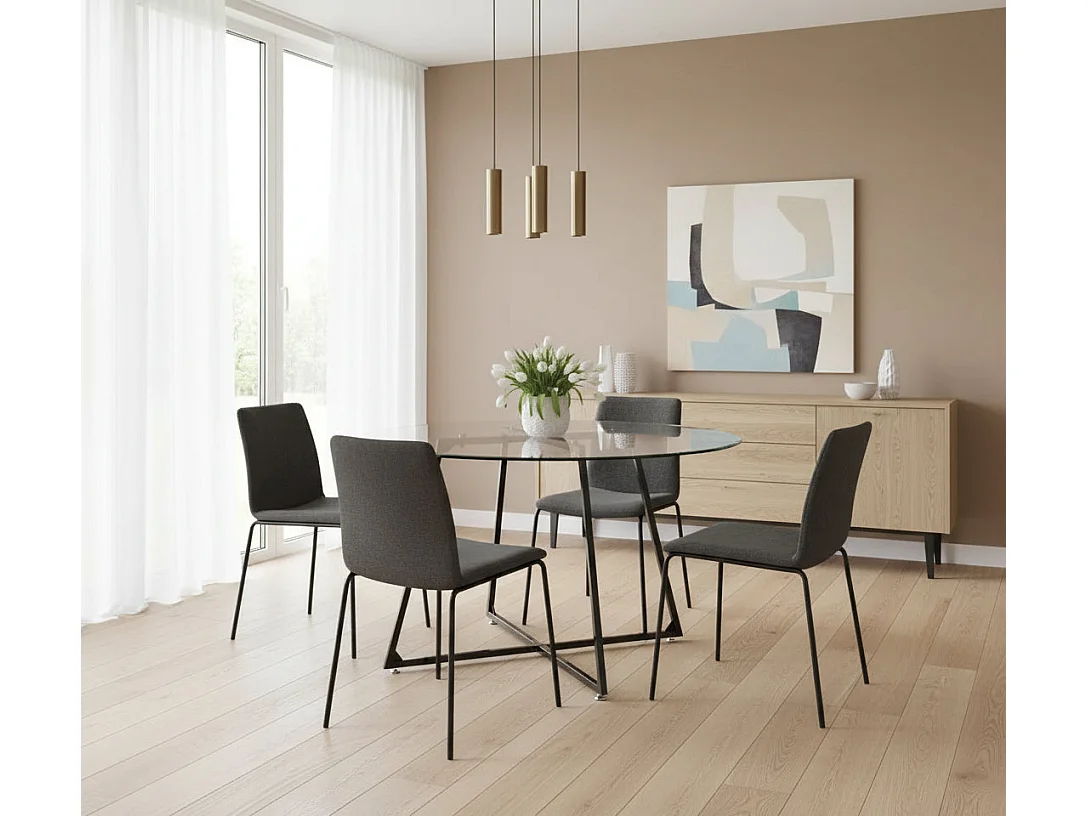 Table à Manger Ronde Verre Transparent Pieds Métal Noir D120x75cm - HELOISE