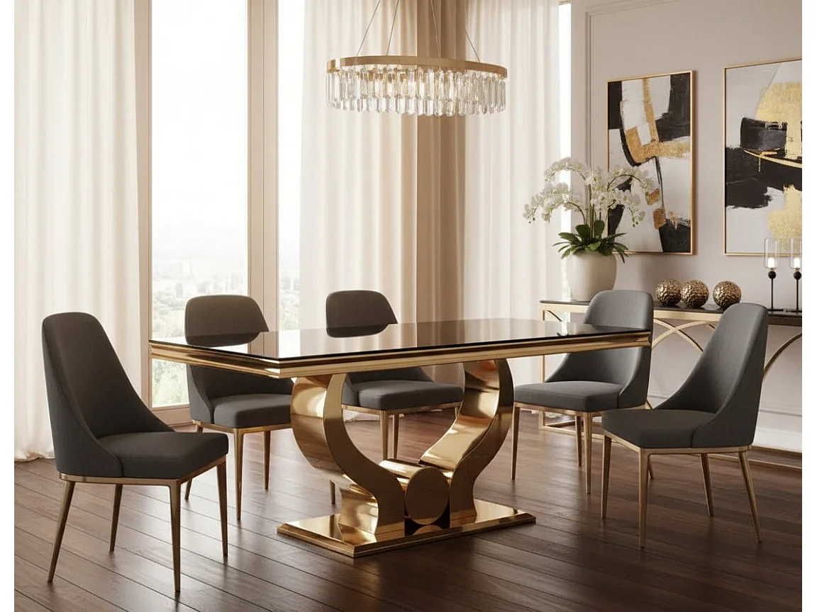 Table à manger verre noir pied métal doré 180x90 cm TROFY