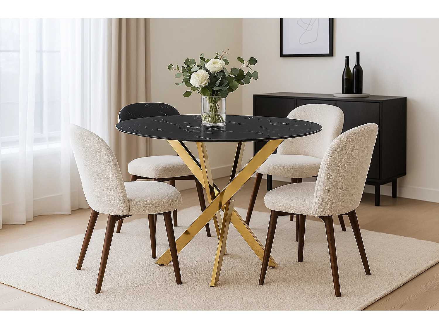 Table à manger ronde  JESSICA MARBRE NOIR pieds Gold 100 cm 4 couverts