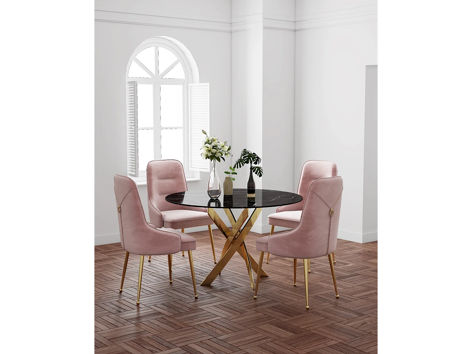 Table à manger ronde  JESSICA MARBRE NOIR pieds Gold 100 cm 4 couverts