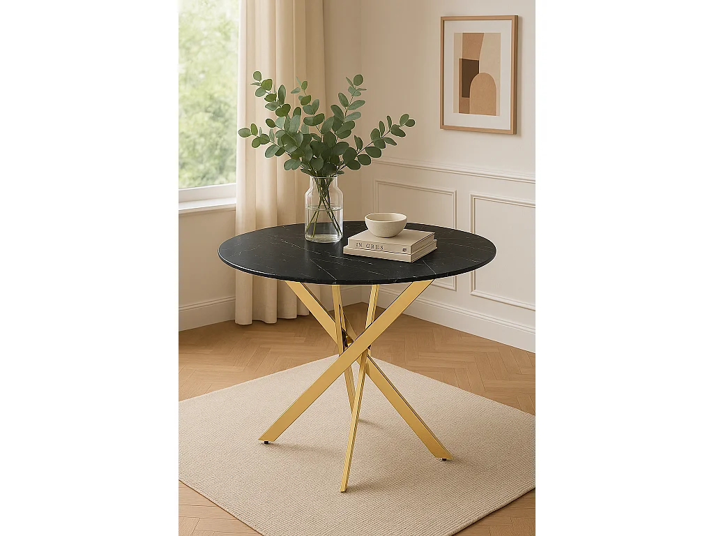 Table à manger ronde  JESSICA MARBRE NOIR pieds Gold 100 cm 4 couverts