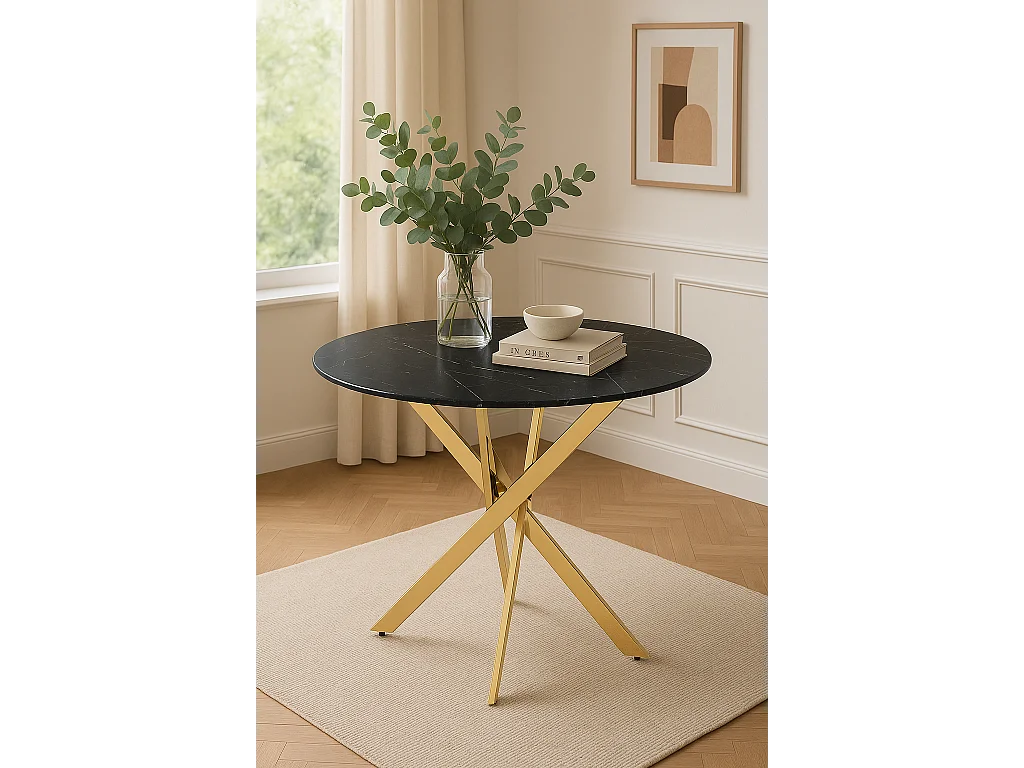 Table à manger ronde  JESSICA MARBRE NOIR pieds Gold 100 cm 4 couverts