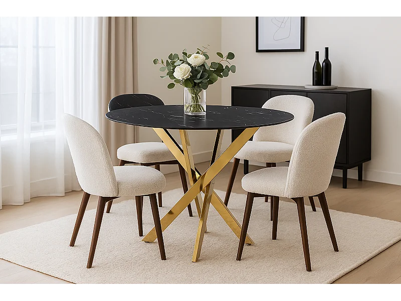 Table à manger ronde  JESSICA MARBRE NOIR pieds Gold 100 cm 4 couverts