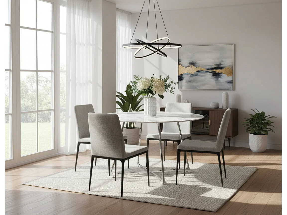 Table à manger ronde HELOISE Chrome - Plateau Marbré Blanc D120 cm