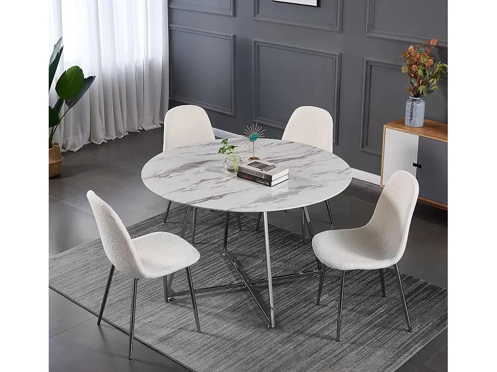 Table à manger ronde HELOISE Chrome - Plateau Marbré Blanc D120 cm