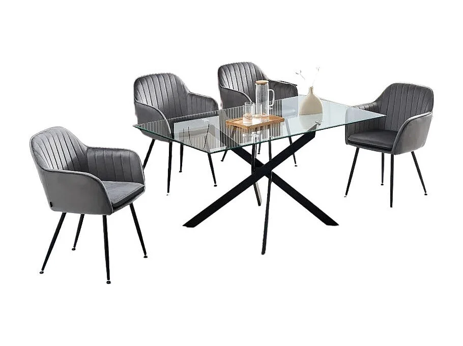 Table Repas JESSICA Métal noir et plateau en verre 150 cm 4 à 6 couverts transparent