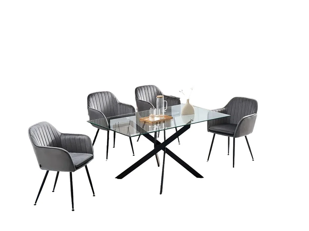 Table Repas JESSICA Métal noir et plateau en verre 150 cm 4 à 6 couverts transparent