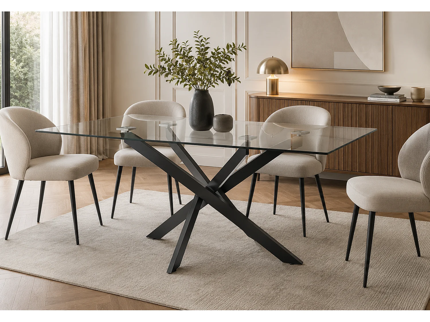 Table Repas JESSICA Métal noir et plateau en verre 150 cm 4 à 6 couverts transparent