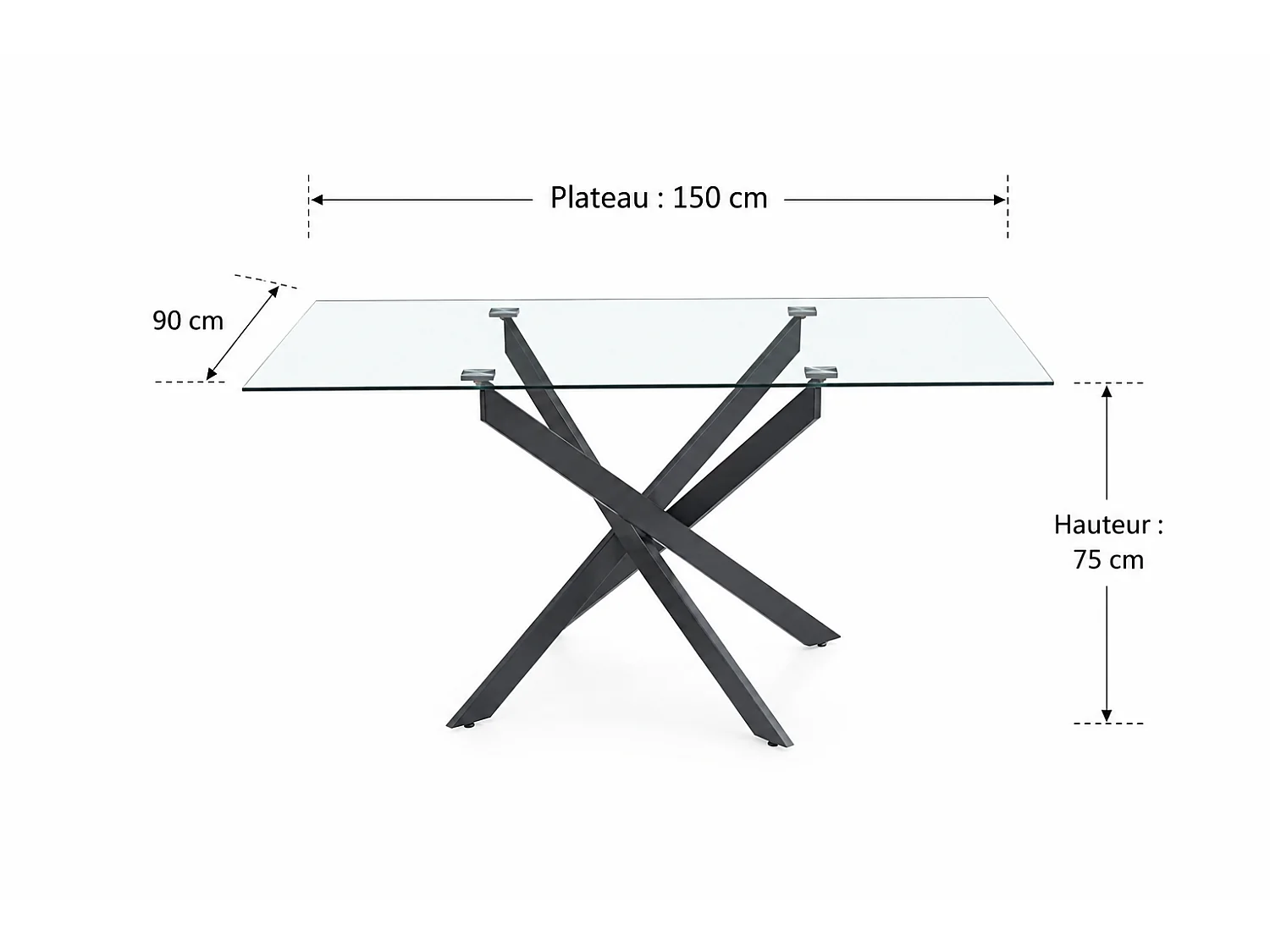 Table Repas JESSICA Métal noir et plateau en verre 150 cm 4 à 6 couverts transparent