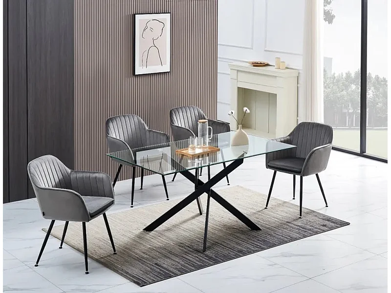 Table Repas JESSICA Métal noir et plateau en verre 150 cm 4 à 6 couverts transparent