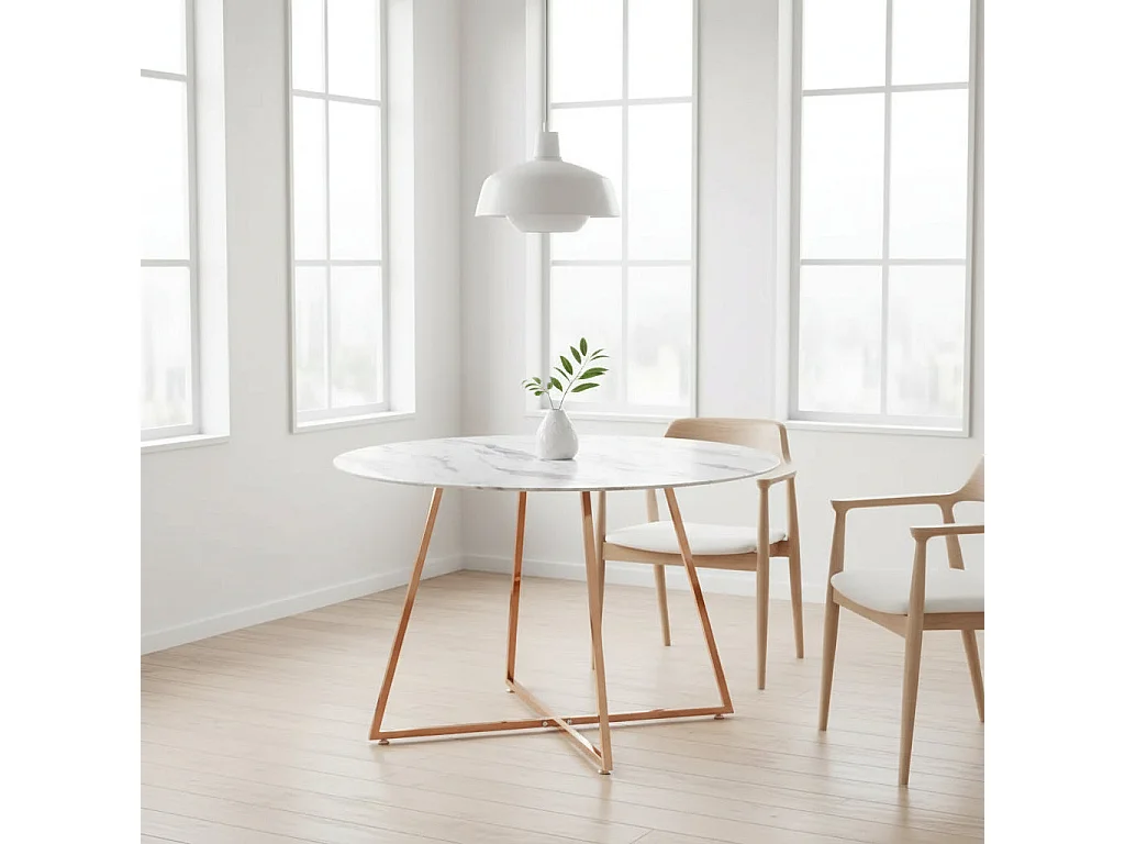 Table à Manger Ronde Verre Marbré Blanc & Pied Rose Gold – D120×75 cm  – HELOISE