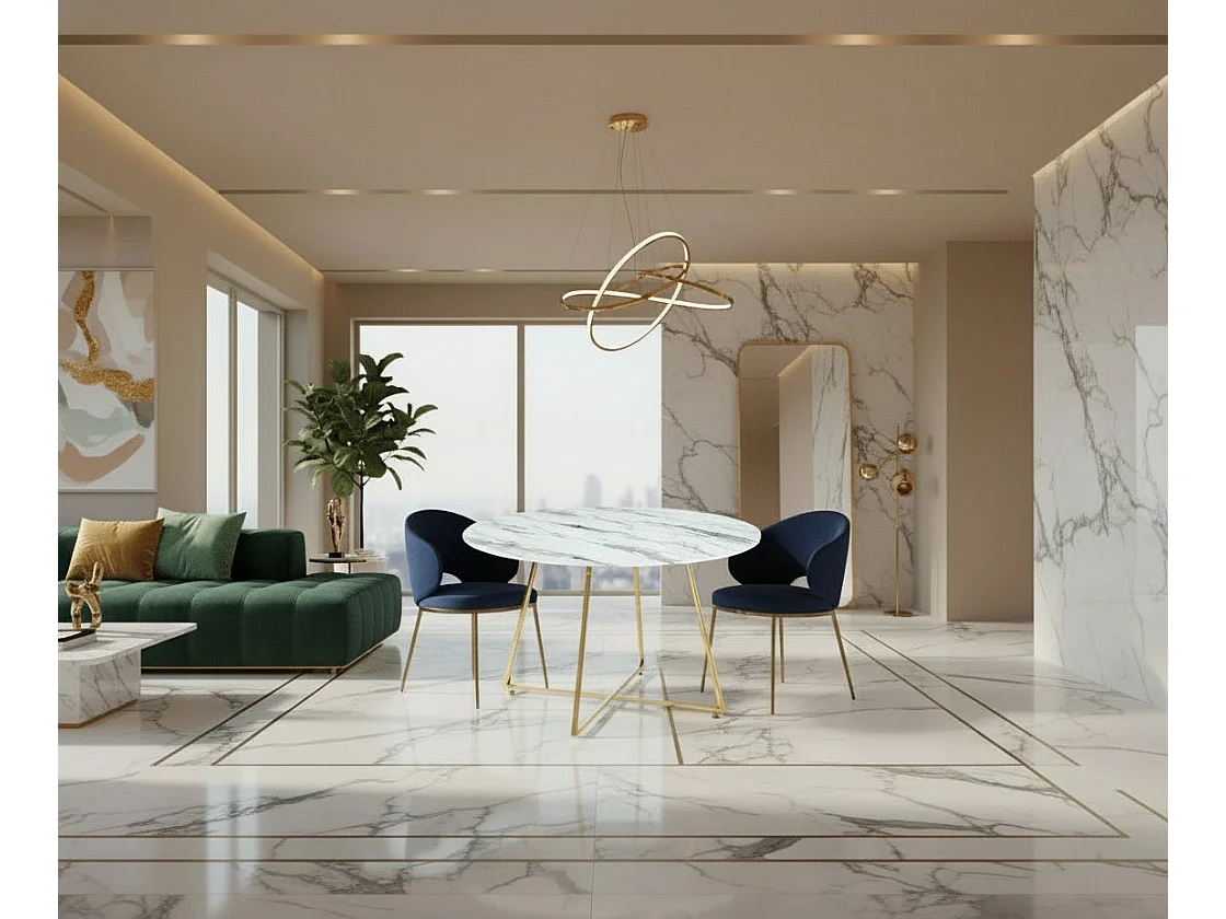 Table à Manger Ronde Verre Marbré Blanc & Pied Rose Gold – D120×75 cm  – HELOISE