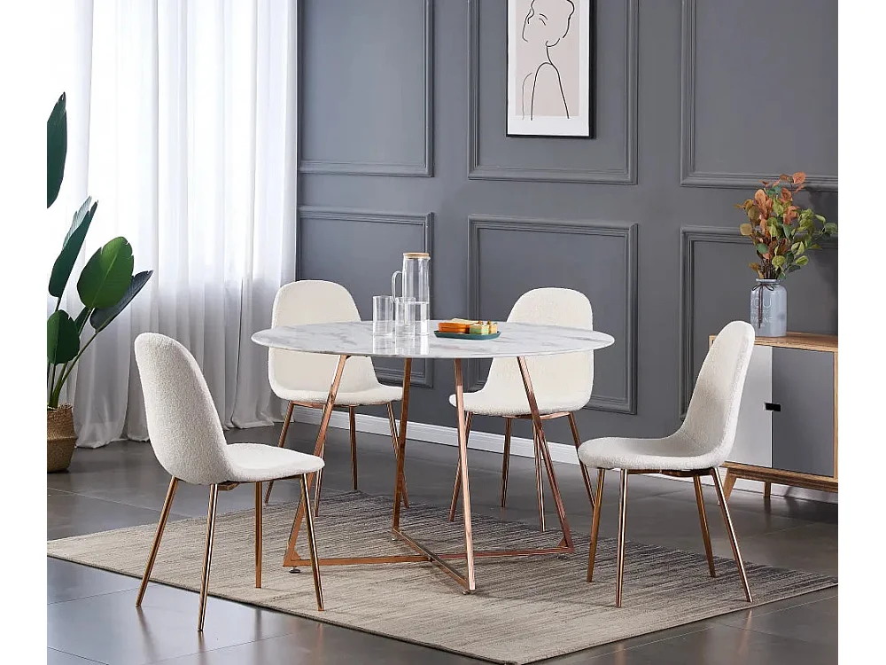 Table à Manger Ronde Verre Marbré Blanc & Pied Rose Gold – D120×75 cm  – HELOISE