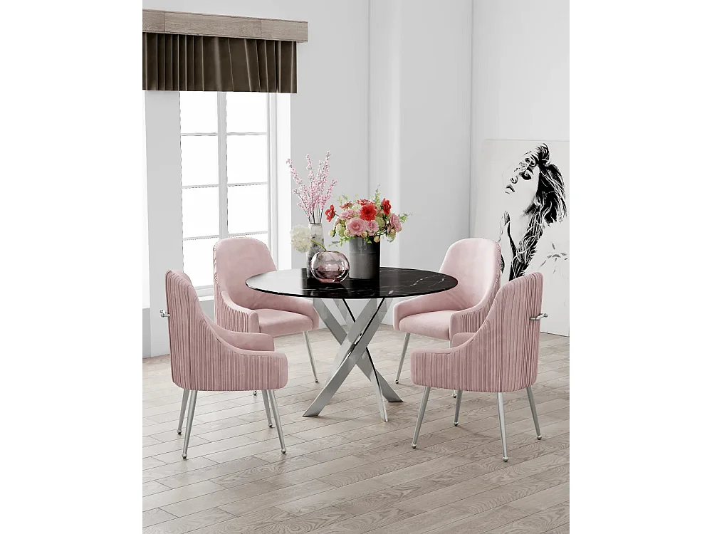 Table a manger ronde  JESSICA MARBRE NOIR pieds chrome XXL 120 cm 4 couverts