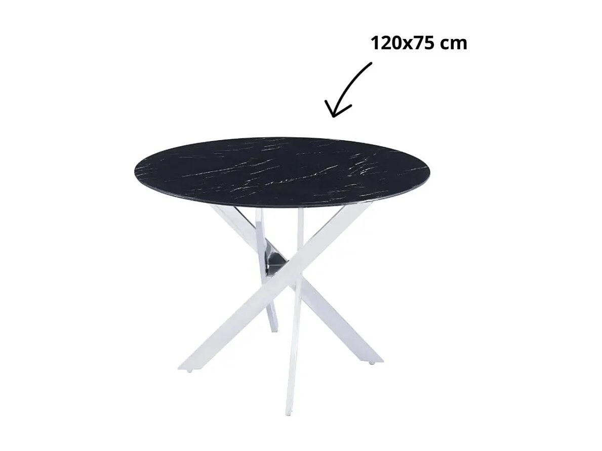 Table a manger ronde  JESSICA MARBRE NOIR pieds chrome XXL 120 cm 4 couverts