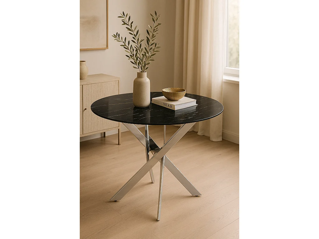 Table à manger ronde MARBRE NOIR JESSICA chrome 100 cm 4 couverts
