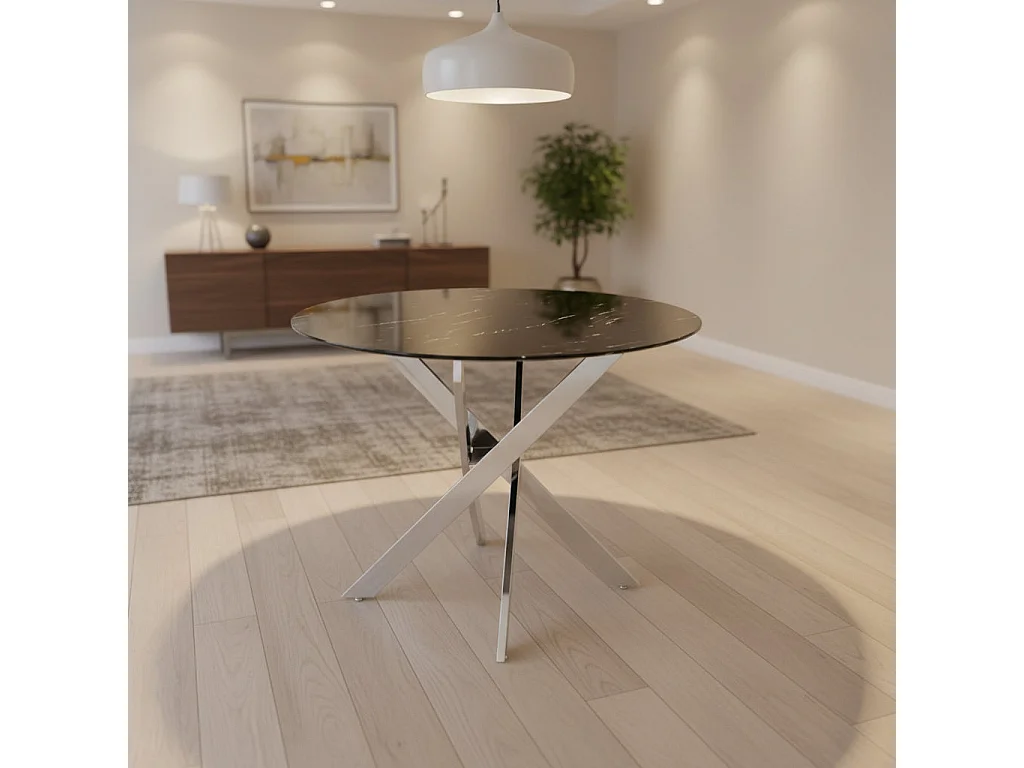 Table à manger ronde MARBRE NOIR JESSICA chrome 100 cm 4 couverts