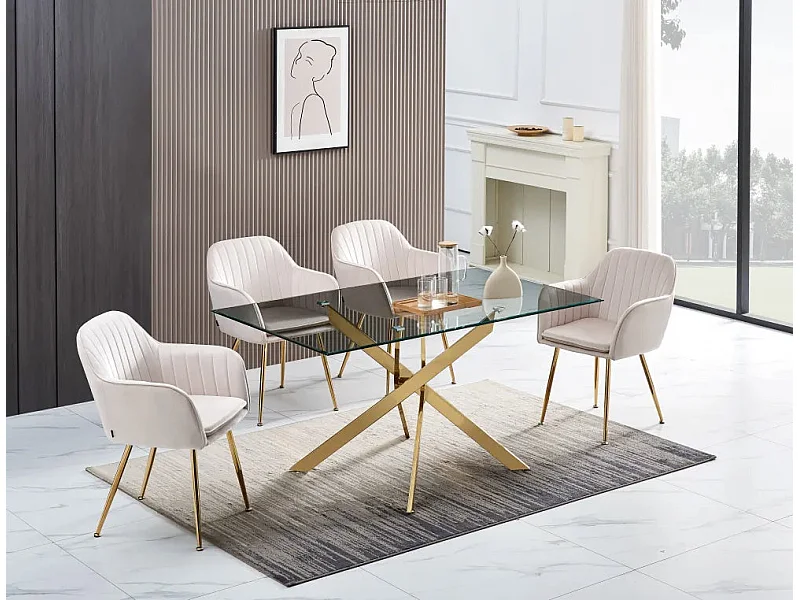 Table Repas JESSICA XXL Gold et plateau en verre TRANSPARENT 180 cm 6 à 8 couverts