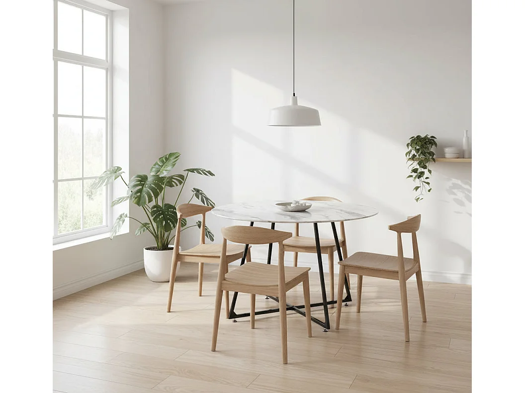 Table à Manger Ronde Verre Marbré Blanc Pied Métal Noir – D120×75 cm  – HELOISE