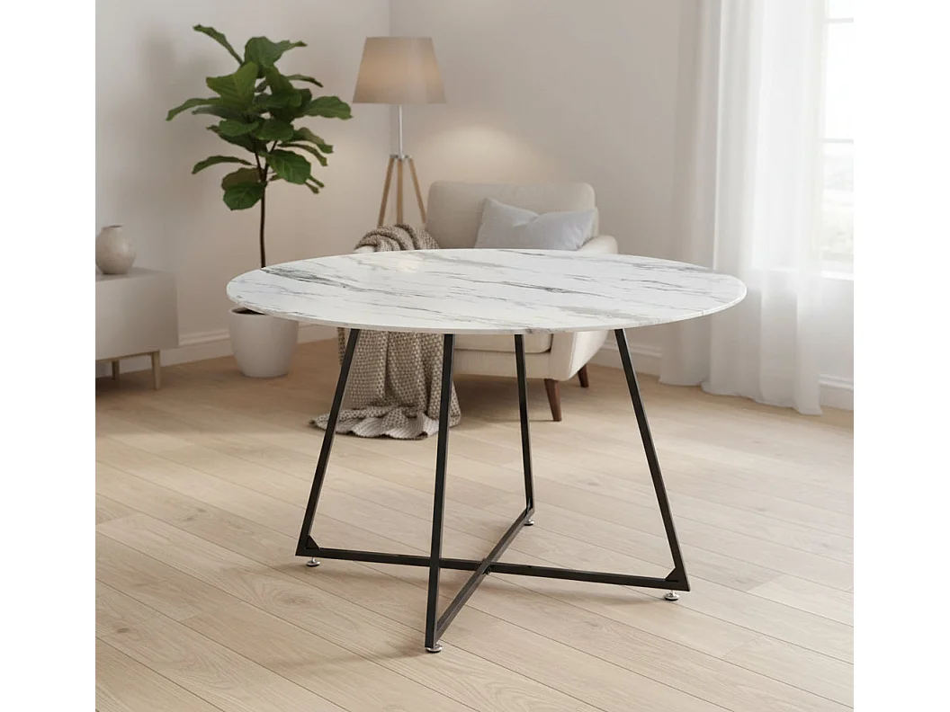 Table à Manger Ronde Verre Marbré Blanc Pied Métal Noir – D120×75 cm  – HELOISE