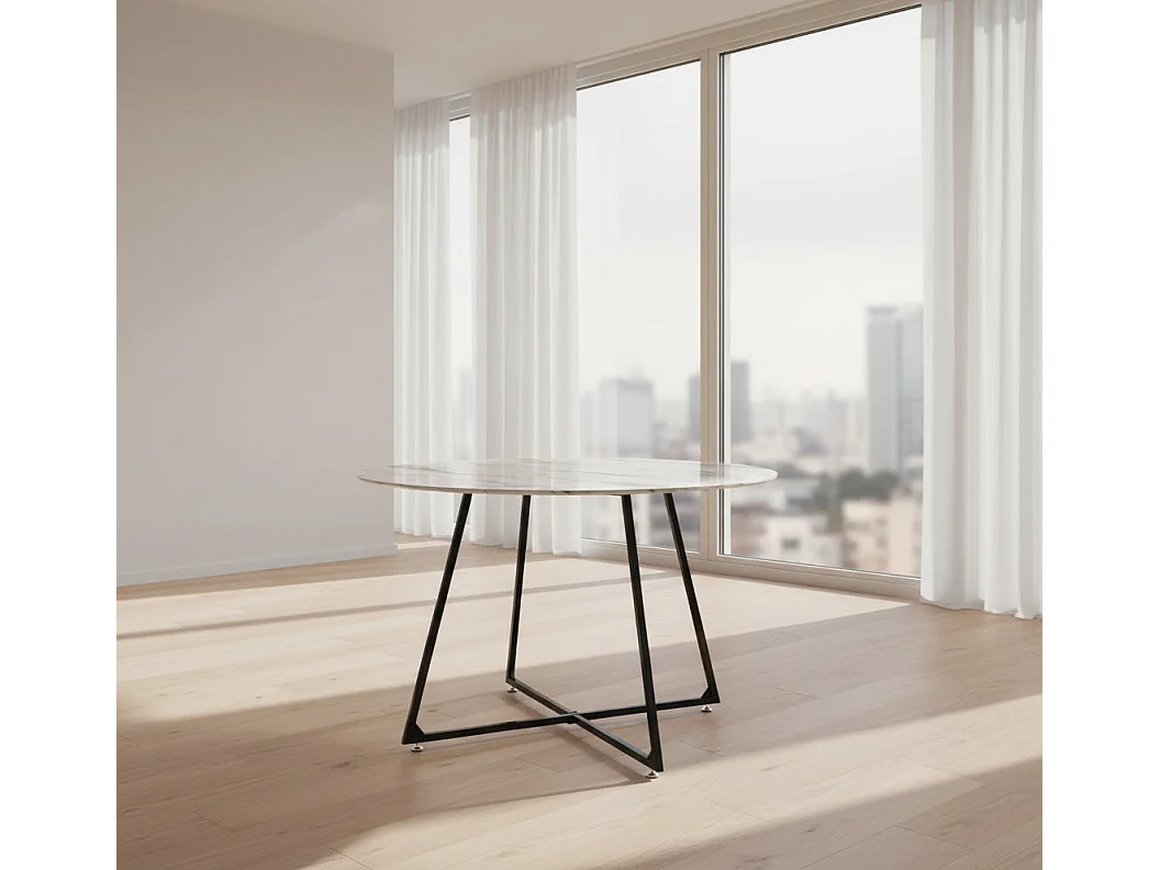 Table à Manger Ronde Verre Marbré Blanc Pied Métal Noir – D120×75 cm  – HELOISE