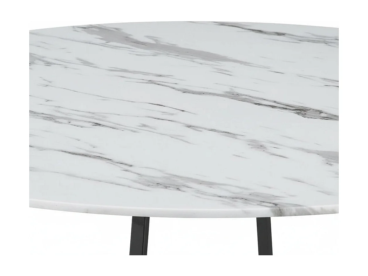Table à Manger Ronde Verre Marbré Blanc Pied Métal Noir – D120×75 cm  – HELOISE