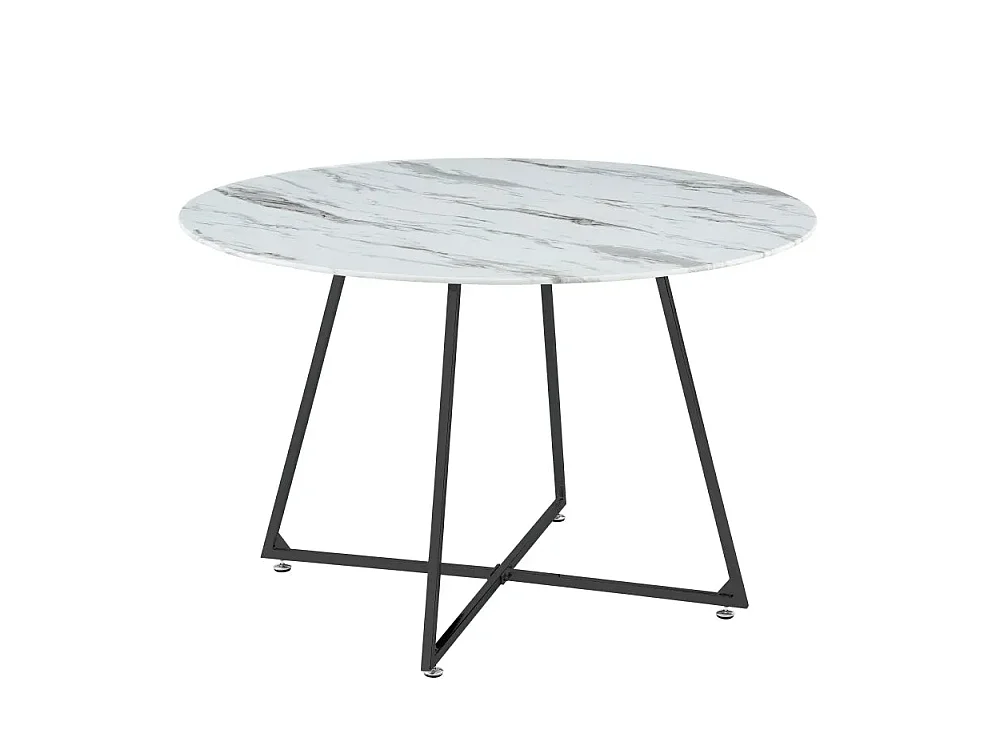 Table à Manger Ronde Verre Marbré Blanc Pied Métal Noir – D120×75 cm  – HELOISE