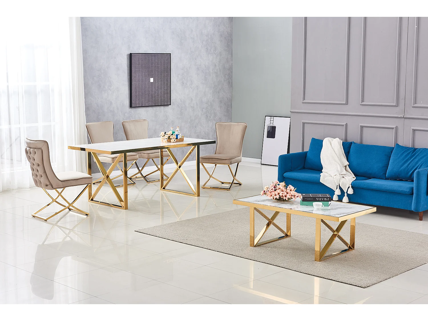 Table repas LEVANTO gold plateau en verre trempé