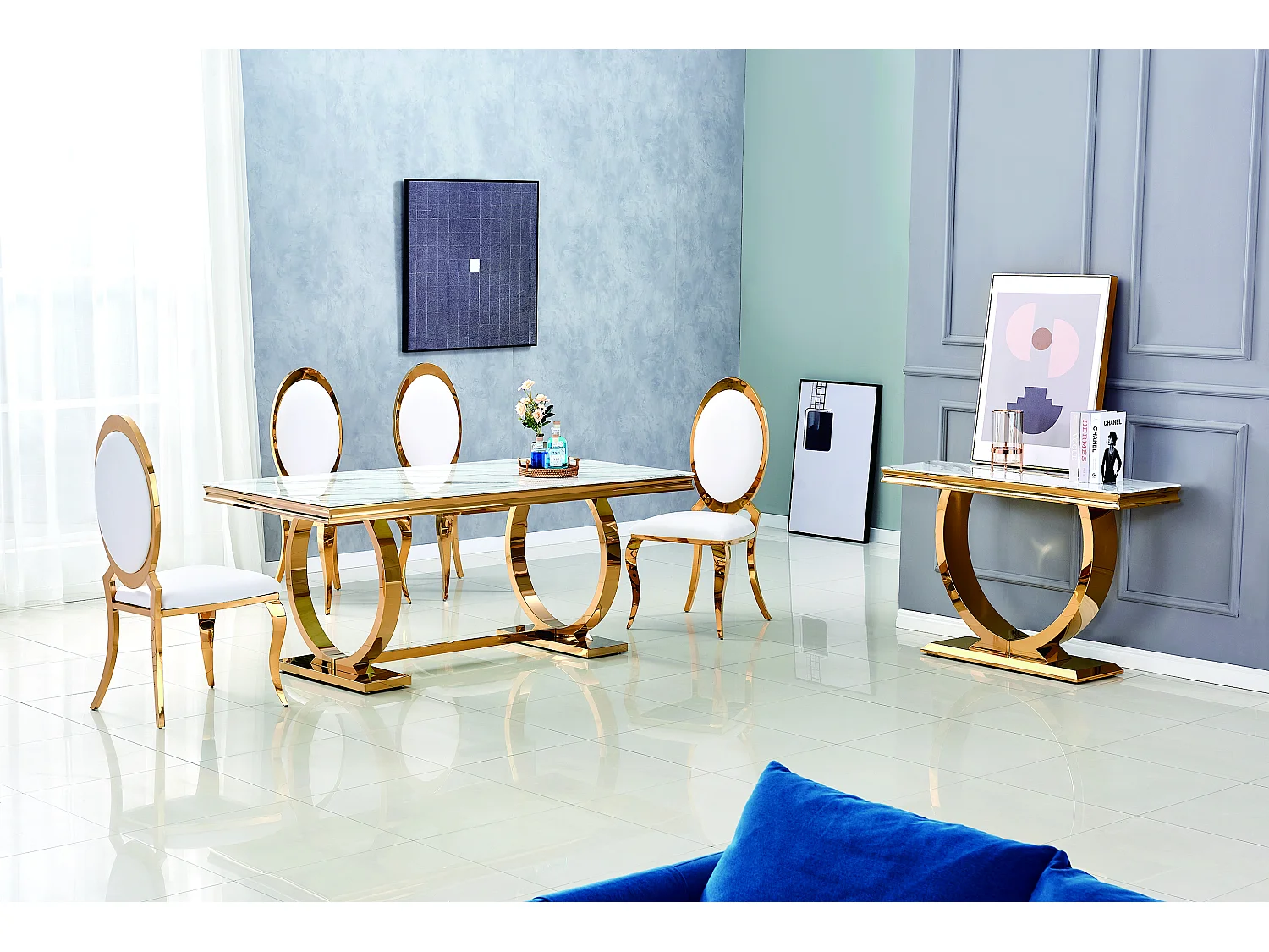 Table à manger 6 à 8 personnes OMEGA Gold verre 180x90 cm