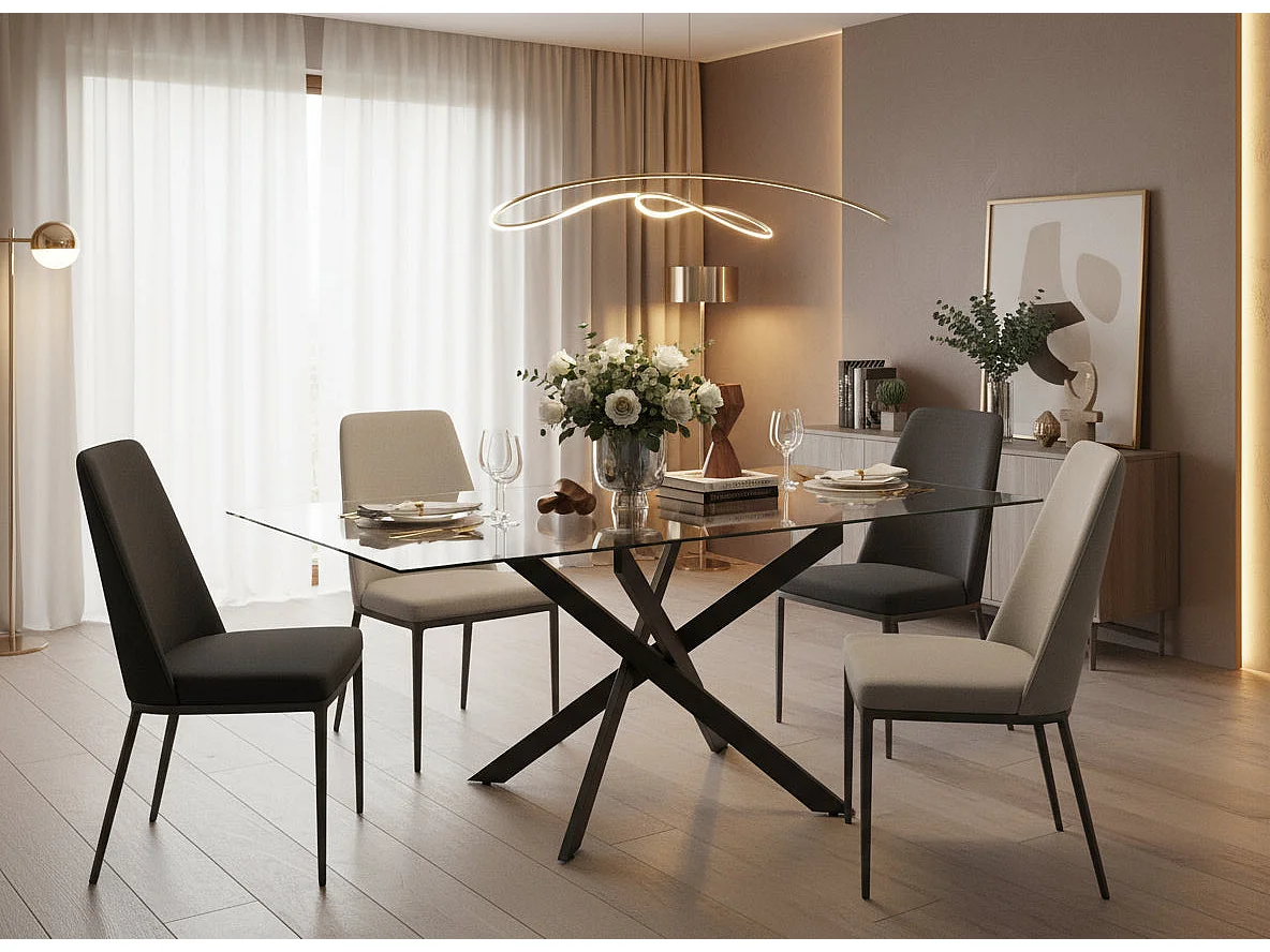 Table Repas JESSICA XXL Métal noir et plateau en verre MARBRE NOIR 180 cm 6 à 8 couverts Transparent