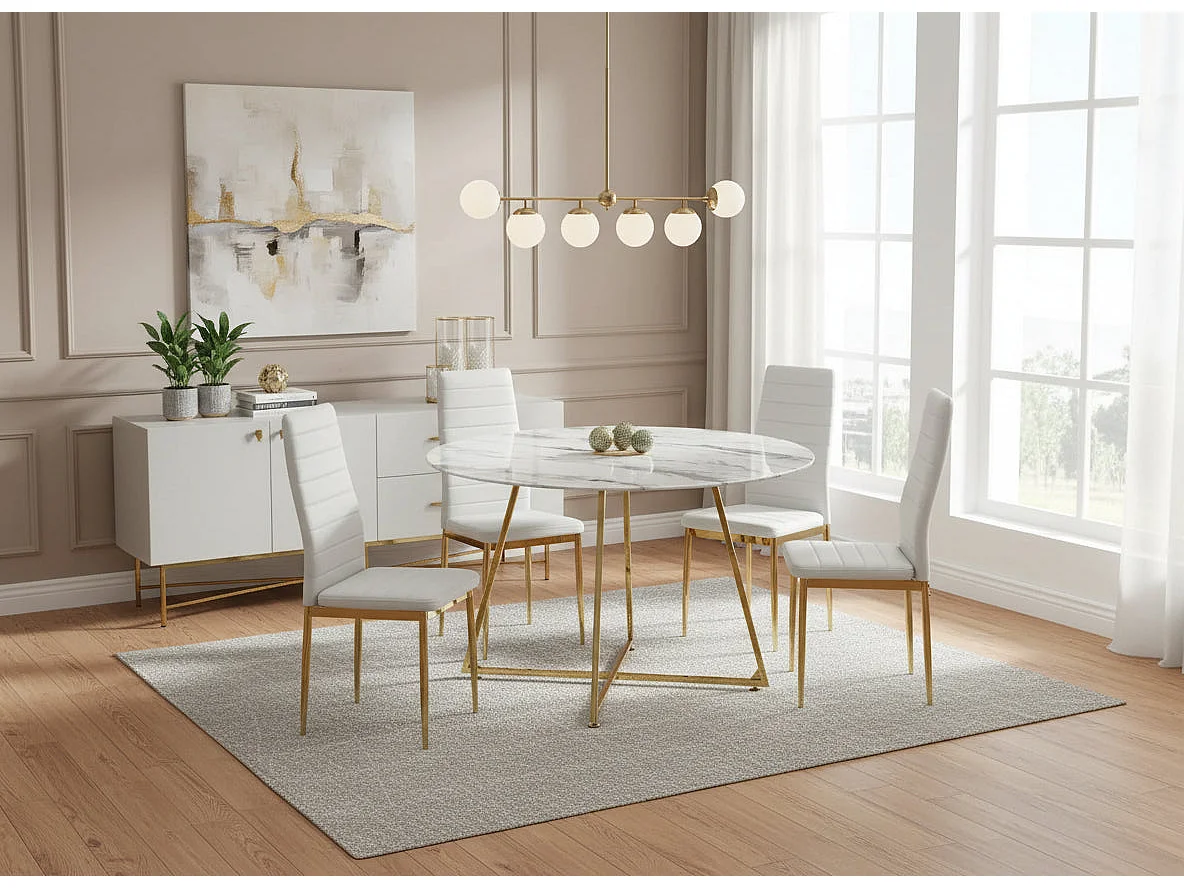 Table à Manger Ronde Verre Marbré Blanc & Pied Gold – 120×120×75 cm – HELOISE