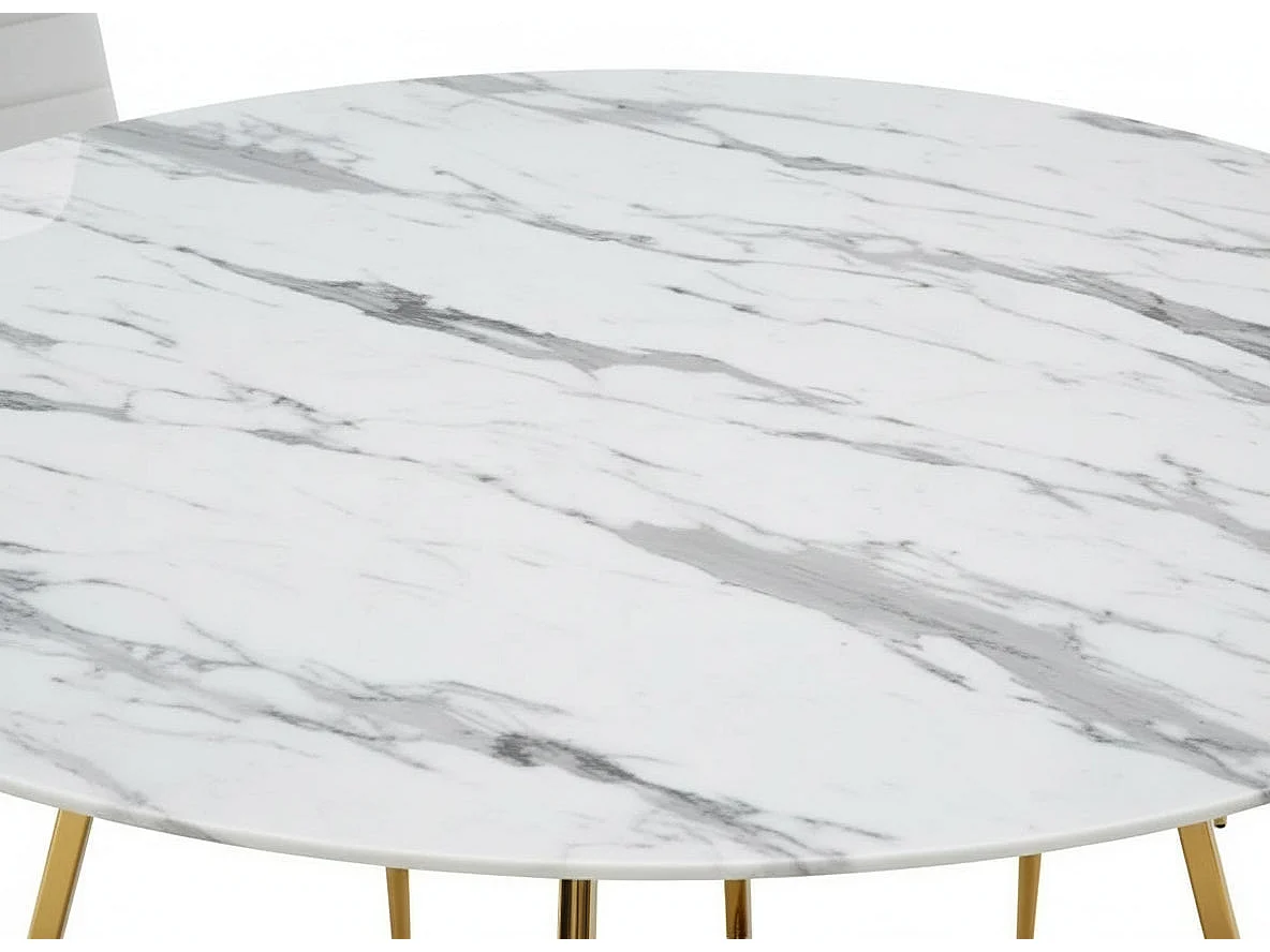 Table à Manger Ronde Verre Marbré Blanc & Pied Gold – 120×120×75 cm – HELOISE
