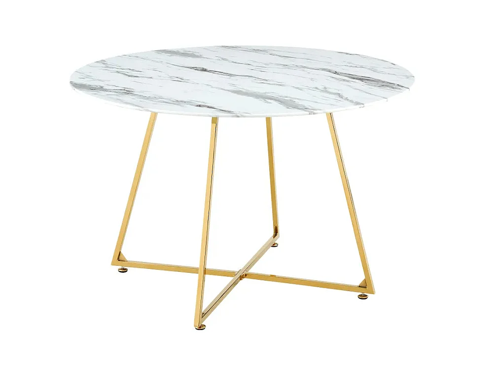 Table à Manger Ronde Verre Marbré Blanc & Pied Gold – 120×120×75 cm – HELOISE
