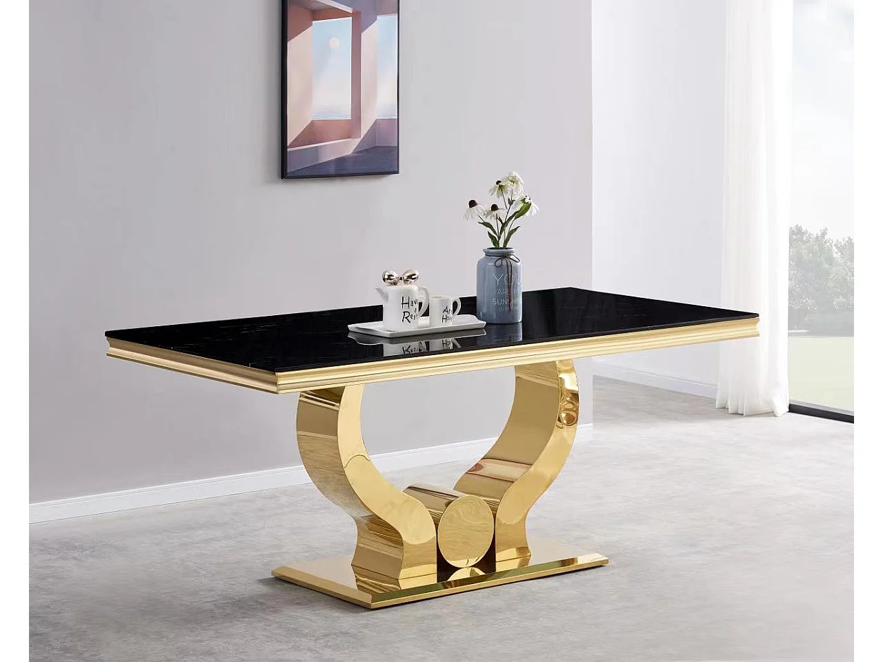 Table à manger verre noir pied métal doré 150x90 cm TROFY