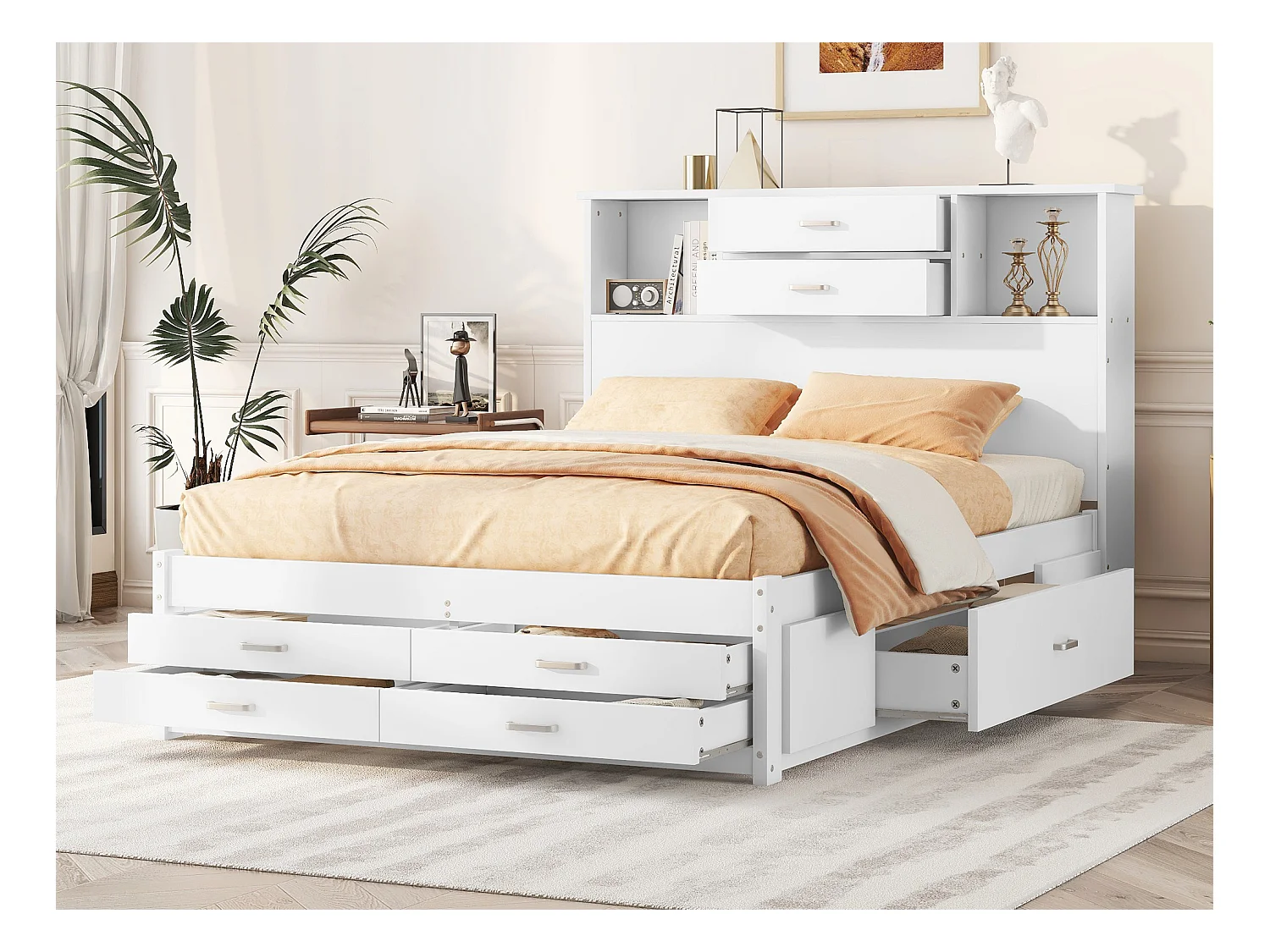 Tweepersoons houten bed 140 x 200 cm met 8 laden en 2 opbergvakken - MDF hout - Lattenbodem - Wit