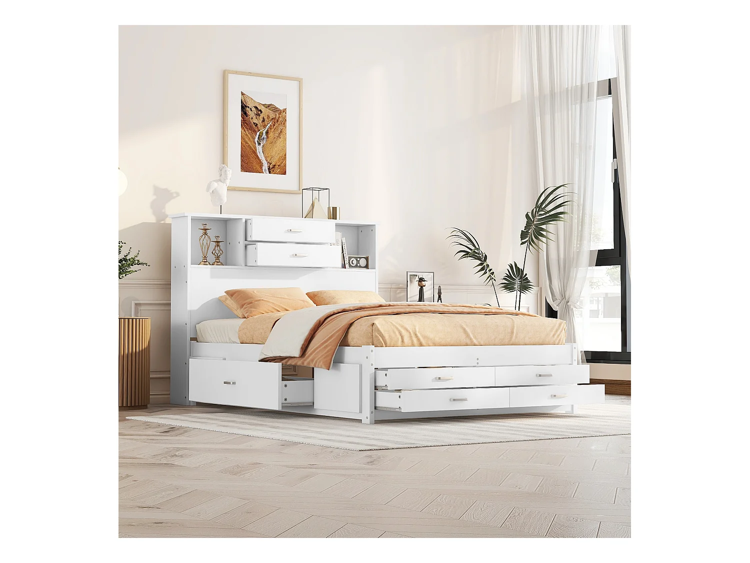 Tweepersoons houten bed 140 x 200 cm met 8 laden en 2 opbergvakken - MDF hout - Lattenbodem - Wit