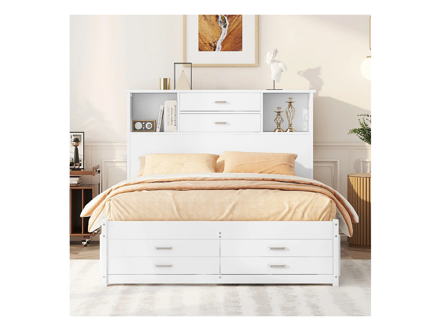 Tweepersoons houten bed 140 x 200 cm met 8 laden en 2 opbergvakken - MDF hout - Lattenbodem - Wit