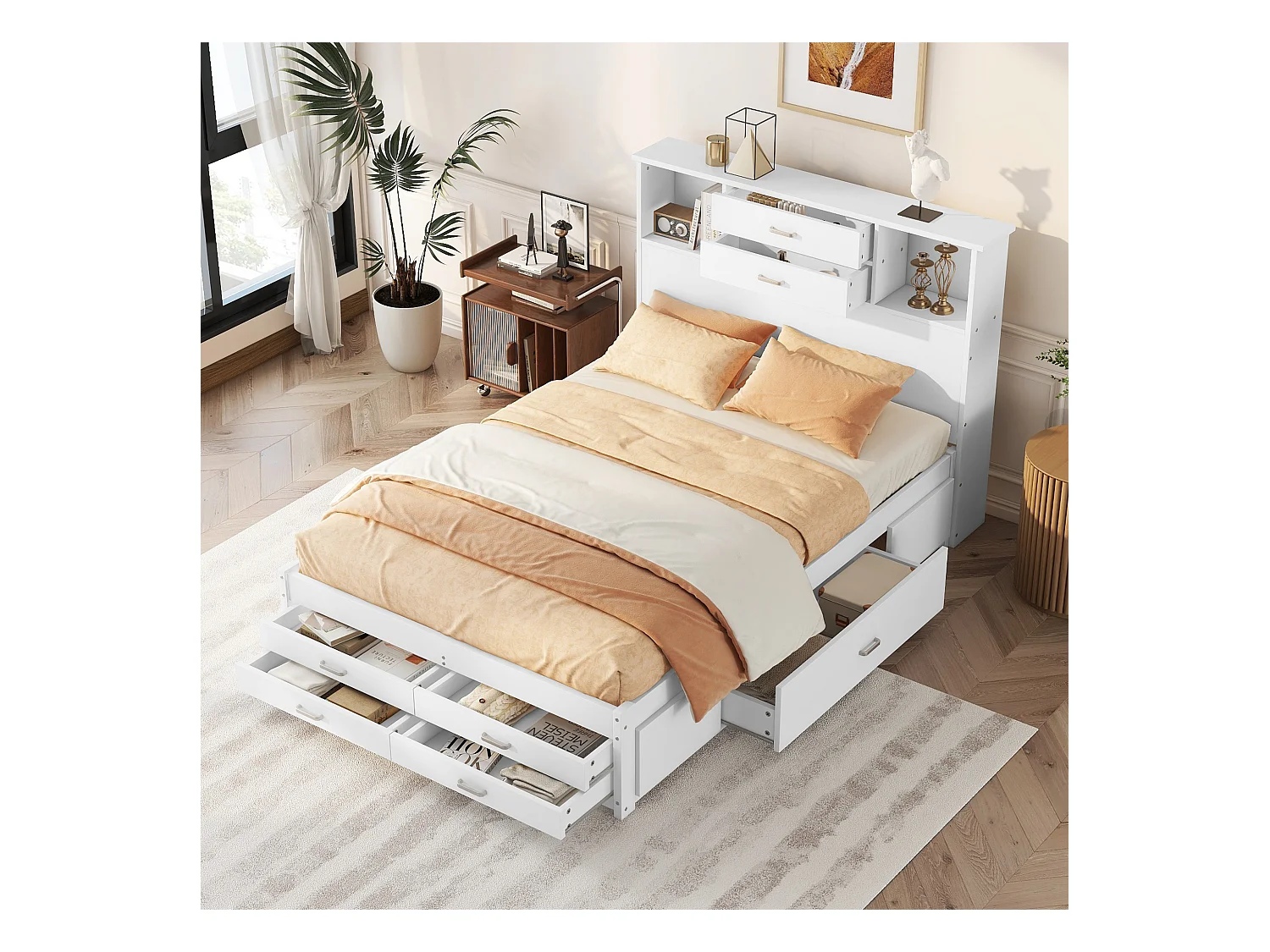 Tweepersoons houten bed 140 x 200 cm met 8 laden en 2 opbergvakken - MDF hout - Lattenbodem - Wit