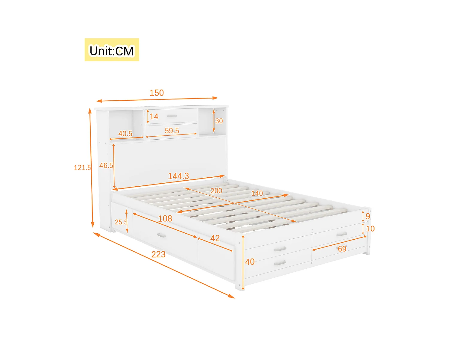 Tweepersoons houten bed 140 x 200 cm met 8 laden en 2 opbergvakken - MDF hout - Lattenbodem - Wit