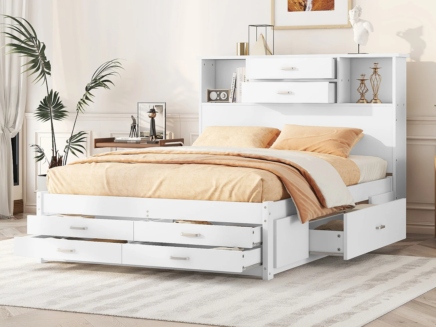 Tweepersoons houten bed 140 x 200 cm met 8 laden en 2 opbergvakken - MDF hout - Lattenbodem - Wit