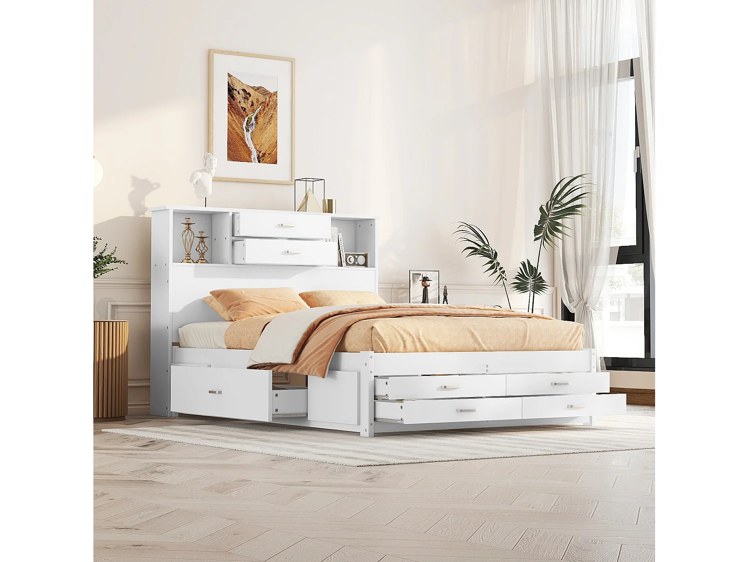 Tweepersoons houten bed 140 x 200 cm met 8 laden en 2 opbergvakken - MDF hout - Lattenbodem - Wit