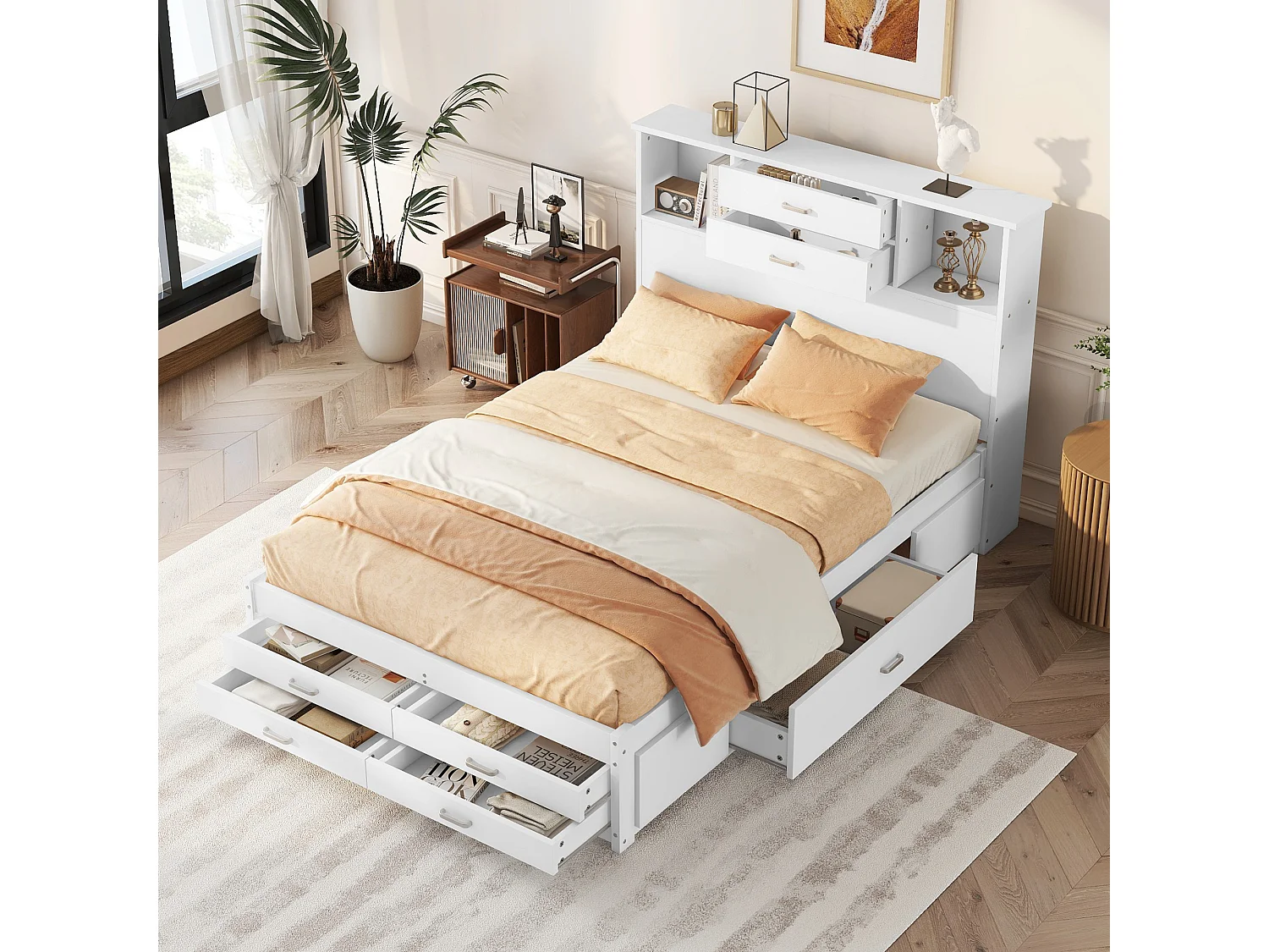 Tweepersoons houten bed 140 x 200 cm met 8 laden en 2 opbergvakken - MDF hout - Lattenbodem - Wit