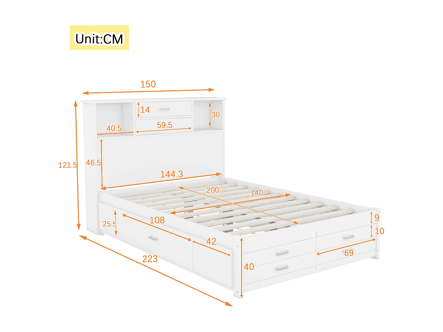 Tweepersoons houten bed 140 x 200 cm met 8 laden en 2 opbergvakken - MDF hout - Lattenbodem - Wit