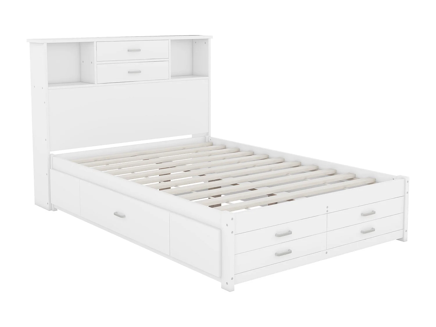 Tweepersoons houten bed 140 x 200 cm met 8 laden en 2 opbergvakken - MDF hout - Lattenbodem - Wit