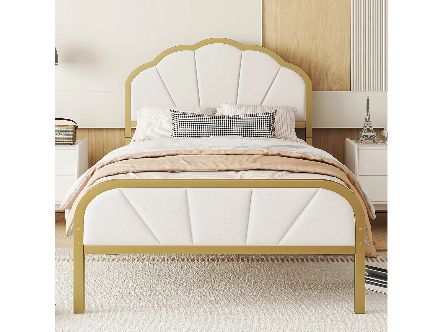 Lit 90 x 200 cm en métal - motif en forme de nuage - cadre doré - or + blanc