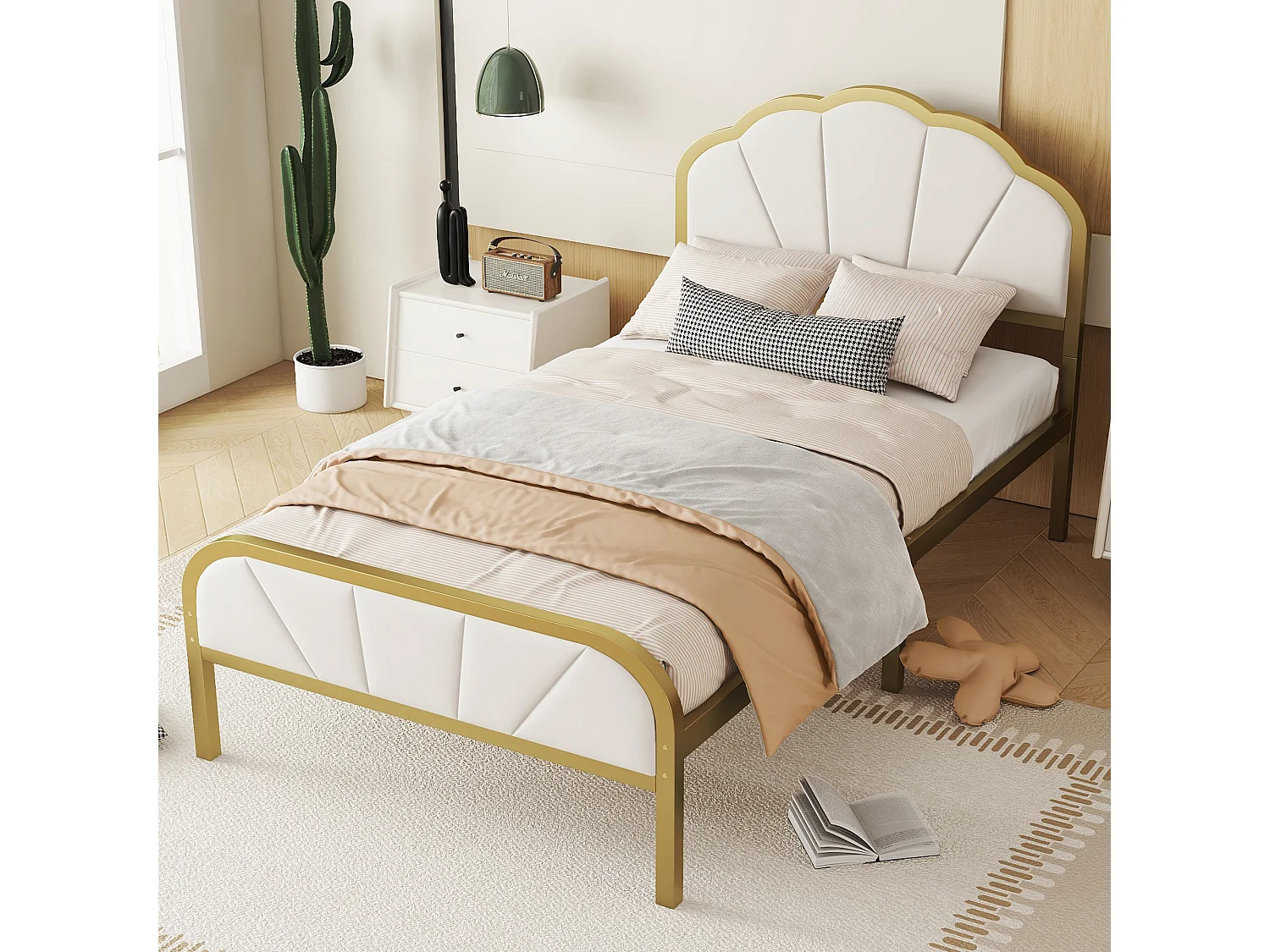 Lit 90 x 200 cm en métal - motif en forme de nuage - cadre doré - or + blanc