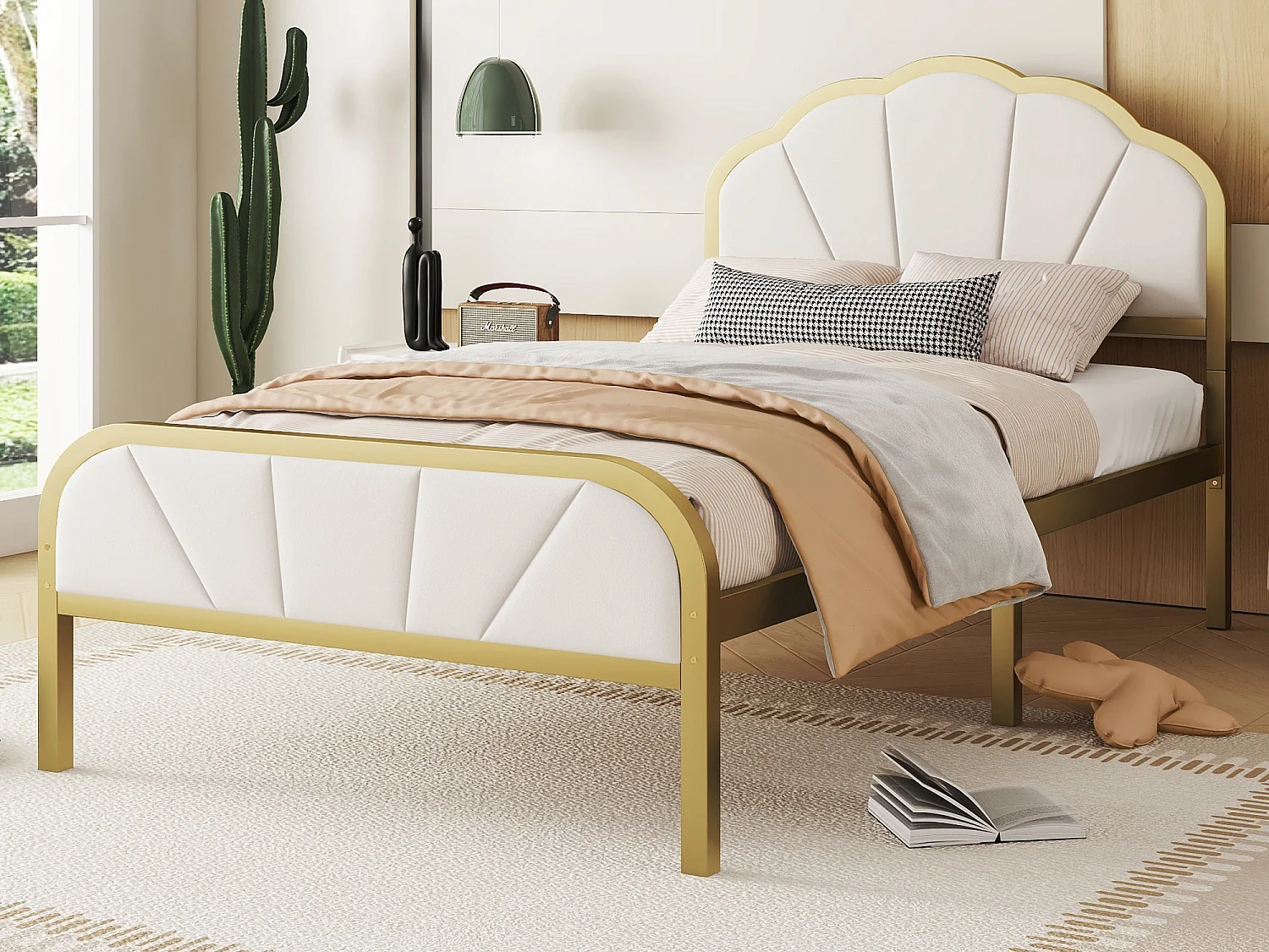 90 x 200 cm Metallbett – Wolkenförmiges Muster – Goldrahmen – Gold + Weiß