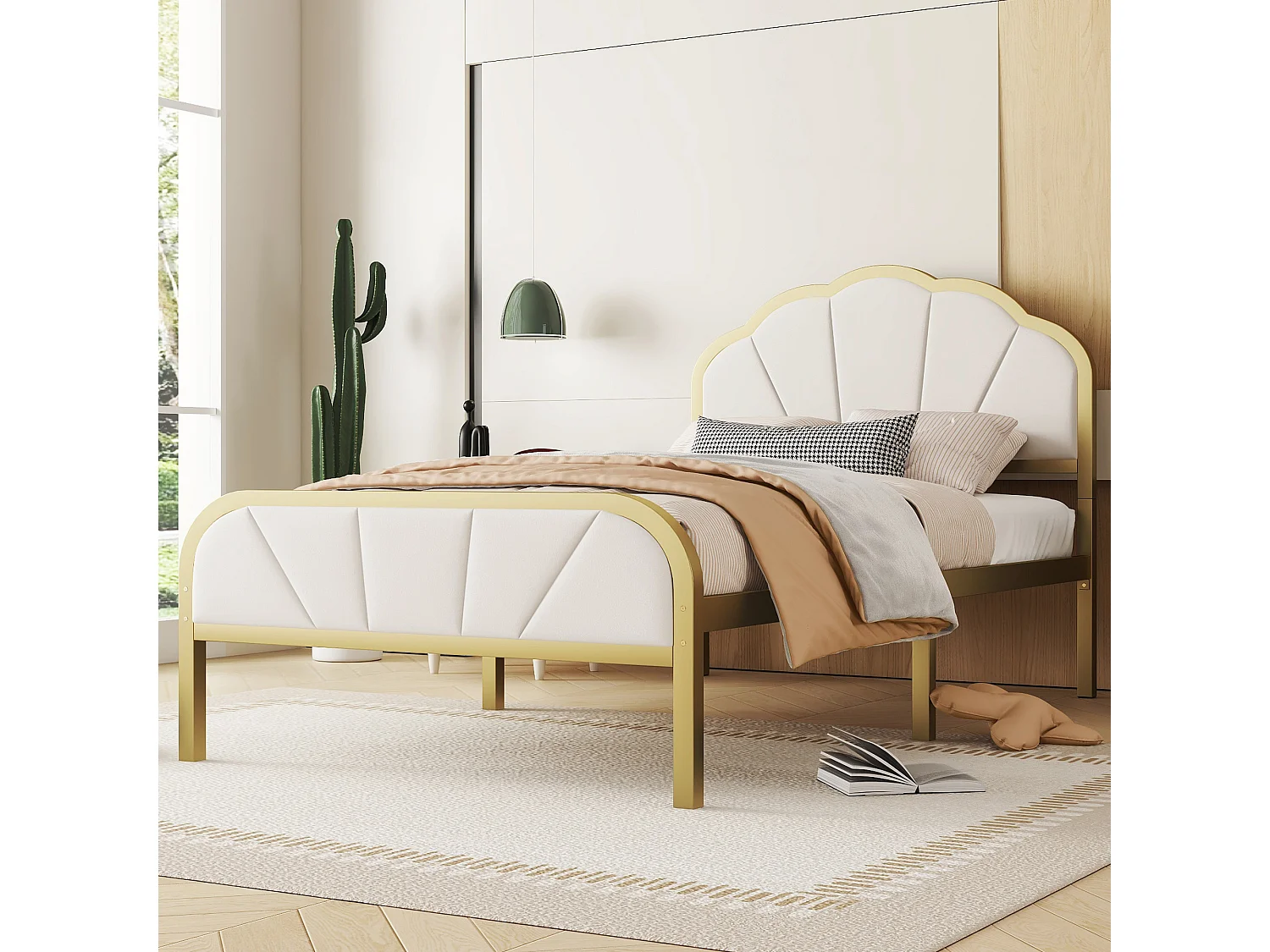 90 x 200 cm Metallbett – Wolkenförmiges Muster – Goldrahmen – Gold + Weiß