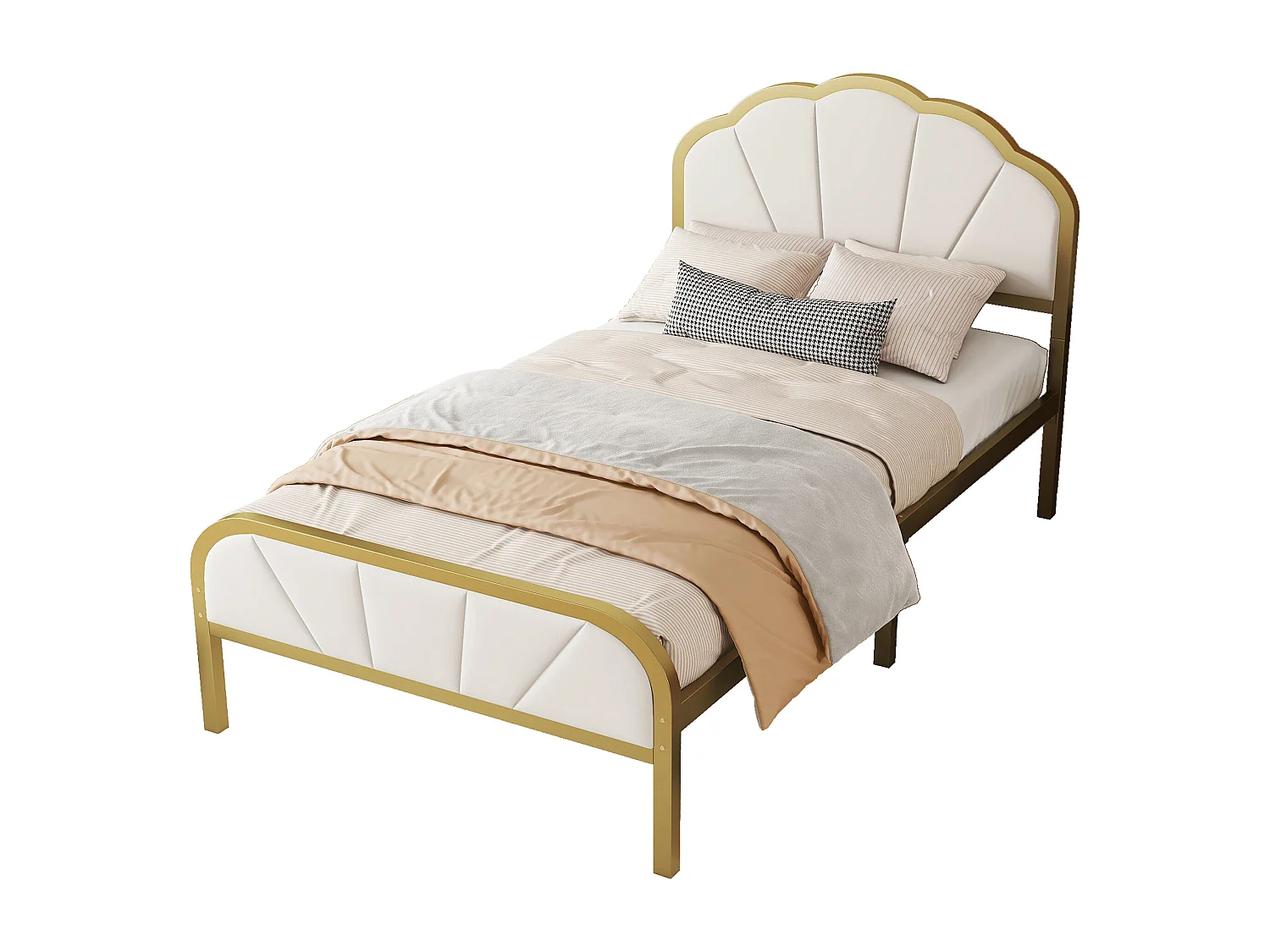 90 x 200 cm Metallbett – Wolkenförmiges Muster – Goldrahmen – Gold + Weiß