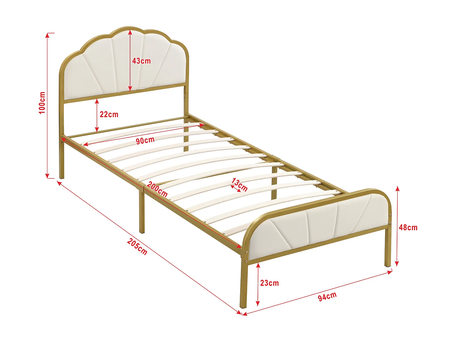 90 x 200 cm Metallbett – Wolkenförmiges Muster – Goldrahmen – Gold + Weiß